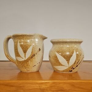 Artisan Cream and Brown Ceramic Creamer And Garlic Pot Set